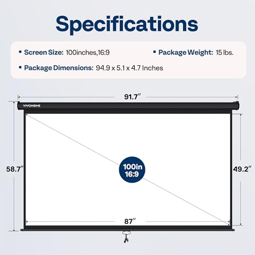 image for VIVOHOME 100 Inch 16:9 Pull Down Projector Screen, HD 4K Retractable M