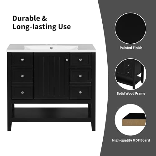 Image of Favfurish 36 inch Bathroom Vanity with Ceramic Sink,Undermount Single Basin Bath Vanity Set w /Soft-Close Door and 3 Drawers,Modern Freestanding Storage Cabinet w /Open Shelf,Solid Wood Frame,Black