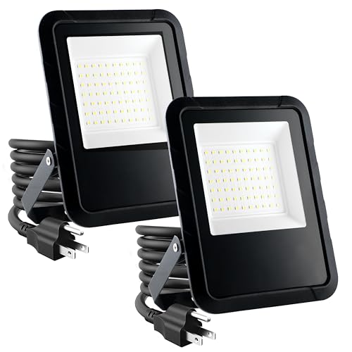 Simple Deluxe 2 Pack LED Flood Lights Outdoor, 70W 7000LM Super Bright Outside Work Light with Plug, IP65 Waterproof, 6500K Floodlight for Garage, Yard, Lawn