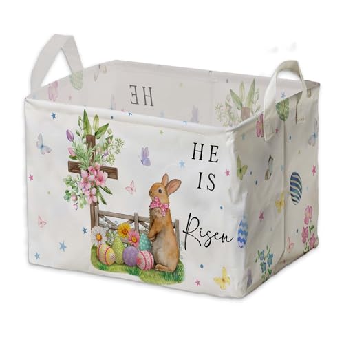 Image of Eggs Rabbit Easter Basket, Butterfly Bow Baby Gift Basket, Cross Flower Empty Toy Nursery Bin, Large Squarecanvas Laundry Hamper With A Waterproof PECoating, Foldable girlsToy Clothes Bins for Bedroom