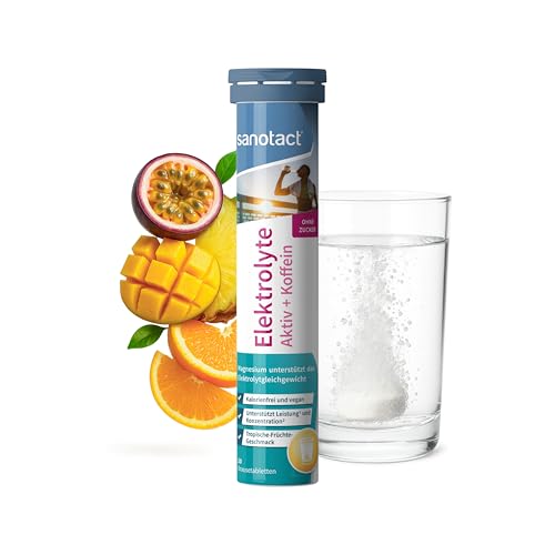 sanotact Elektrolyte mit Koffein • Brausetabletten ohne Zucker • tropischer Geschmack • 20 zuckerfreie Tabletten (84g) • Fokus bei Morgenmüdigkeit & Hydration