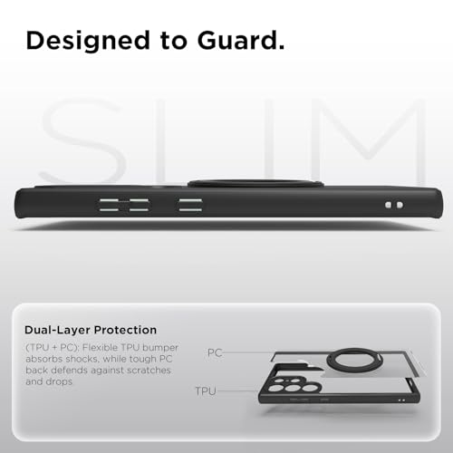 Image of RIGGEAR Shockproof Sleek Hybrid Armor 360 Rotating Magnetic Ring Stand Back Cover Case Compatible with MagSafe Accessories for Samsung Galaxy S23 Ultra (Clear PC + Black TPU Bumper)