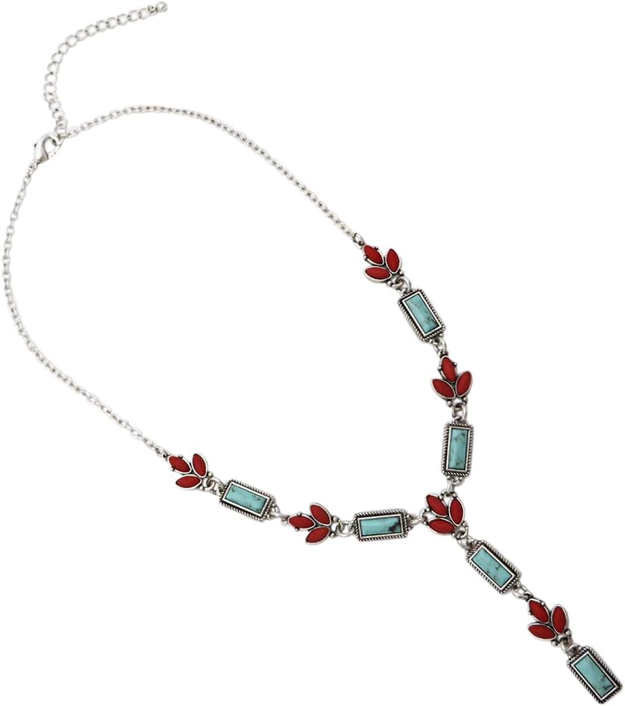 Rosemarie & Jubalee Western Y-Drop Necklace, Turquoise Howlite and Coral Red Stones, 18"+3" Extender, Silver