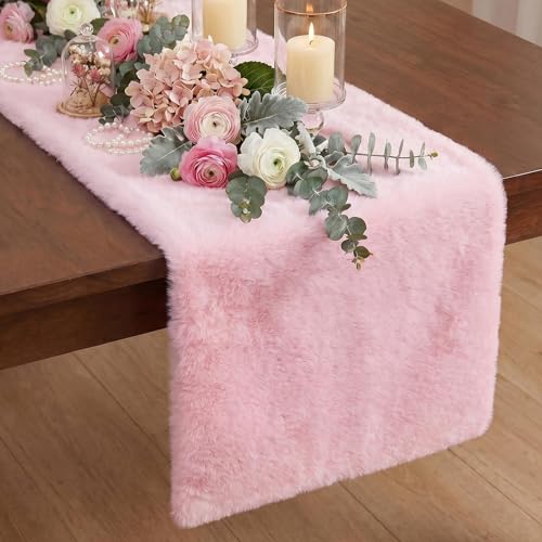 Pink Faux Fur Table Runner 48 inches Long, Fluffy Dresser Nightstand Cover