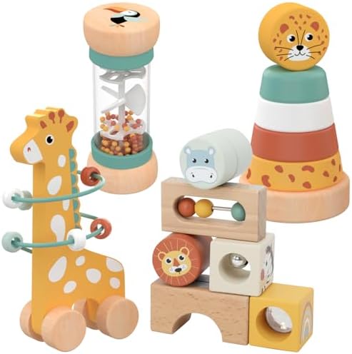 Nene Toys Montessori-Spielzeug ab 1 Jahr, 4-in-1 Motorikspielzeug aus Holz | Set mit Klangbausteinen, Regenmacher, Stapelturm und Giraffen-Motorikschleife – Fördert Sinne, Feinmoto