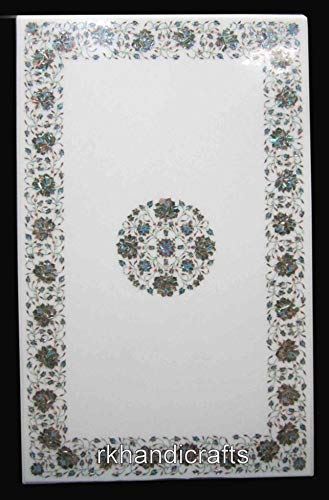 24 X 36 Inches Shiny Multicolor Stones Inlaid Coffee Table Top White Marble Rectangle Shape Patio Table From Indian Vintage Art And Crafts #TOP23