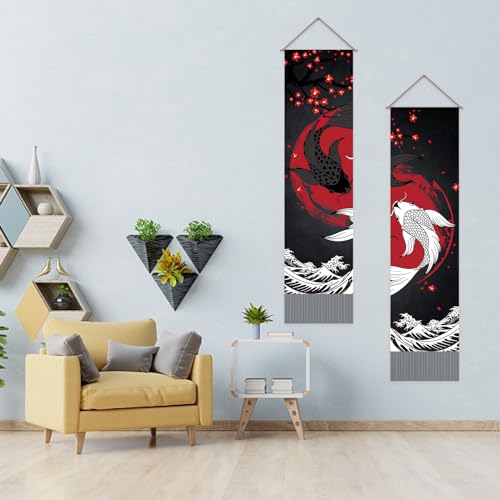 AHANDMAKER Pack of 2 Retro Yin Yang Carps Tapestries Carps Vertical Bohemian Tapestry Yin Yang Carps Tassel Tapestry Wall Hanging for Bedroom Living Room Home 13 x 51 Inch - Image 2