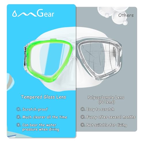 OMGear Goggles Kids Swimming Silicone Swim Mask Snorkeling Gear for Kids Tempered Glass Snorkel Goggles with Nose Cover Scuba Diving Goggles with Cute Neoprene Mask Strap CoverGreen