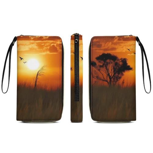 African Grass Sunset Print PU Leather Wristlet Wallet Slim Card Holder Organizer with Zipper Coin Pocket & Cash Slots for Women Men3