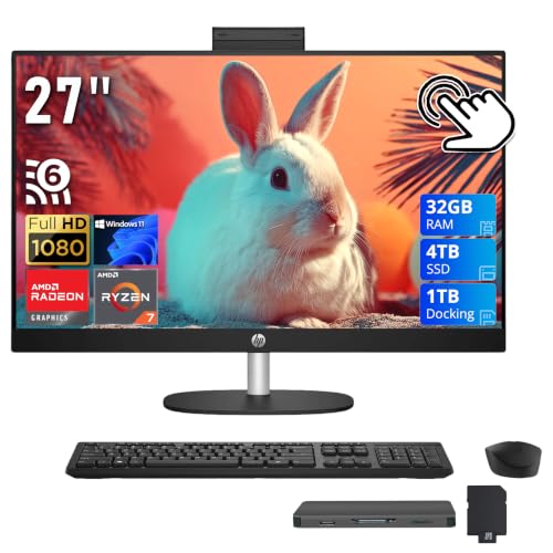 Image of HP 27 inch FHD Touchscreen All-in-One Desktop, AMD Ryzen 7 7730U, 32GB RAM, 5TB Storage(4TB SSD+1TB Docking Station), AMD Radeon Graphics, Wireless Keyboard & Mouse, FHD IR Camera, Wi-Fi 6, Win 11, Black