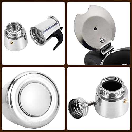 ماكينة تحضير قهوة اسبريسو، 2/4/6/9 اكواب محمولة من الستانلس ستيل لتحضير القهوة والاسبرسو الايطالية لبوتاجاز الغاز والموقد والحث الحراري (2 كوب - 100مل)، فضي