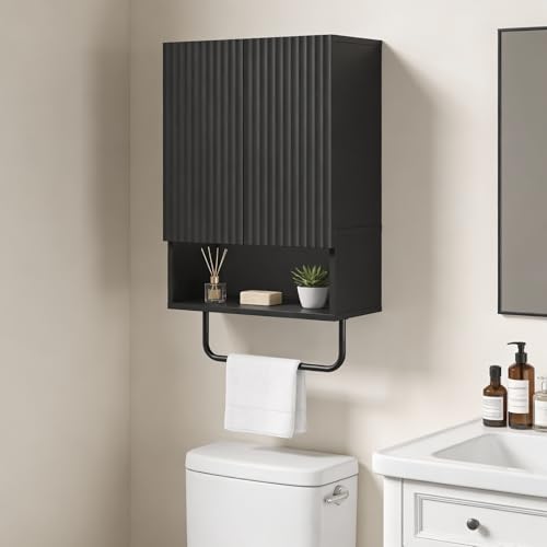 MAHANCRIS Bathroom Wall Cabinet, Wall Mounted Medicine Cabinets with Towel Bar & Adjustable Shelf, Over The Toilet Space Saver Storage Cabinet with 2 Doors, for Bathroom Laundry Room Kitchen, Black