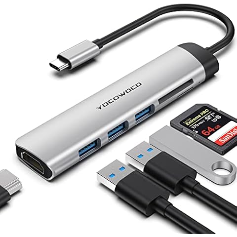 USB C Hub-YOCOWOCO Dongle USB C Adapter for MacBook Pro, 6 in 1 USBC to HDMI Multiport Adapter with 4K HDMI, 3 USB 3.0 Ports, SD/TF Card Reader, Hub Compatible with USB-C Laptops and Type C Devices Cover