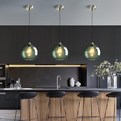 Image of Gray Green Glass Pendant Lights Kitchen Island Lighting Globe Pendant Light Fixtures Modern Pendant Lighting for Kitchen Island Bedroom Living Dining Room Light Fixture(9.84in, 1-Pack)