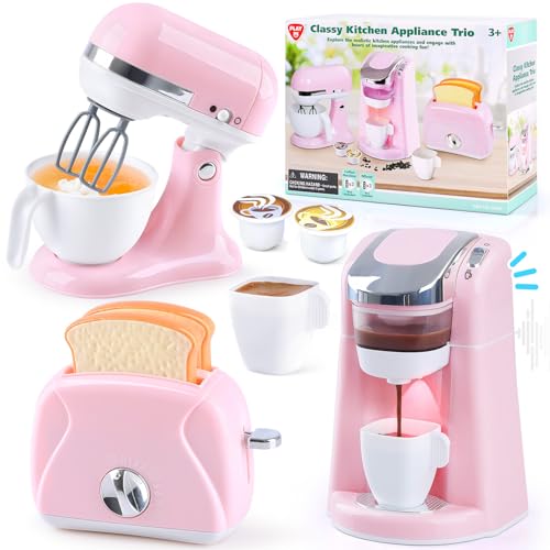 PLAY Accessoire Cuisine Enfant avec Cafetière, Mixer, Grille-Pain avec Llumière et Son Réalistes, Set de Ustensile Cuisine Cadeau pour Enfant 3+ Ans (Rose)
