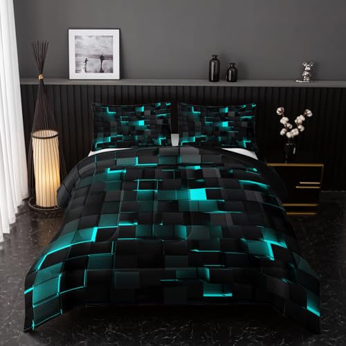 Image of Nttopship Neon Turquoise Black Comforter Set Queen Geometric Kids Bedding Set,3 PCS Geometry Honeycomb Bed Set Modern Quilt Set 1 Comforter 2 Pillow Cases Cool Room Decor All Season B-Side Black