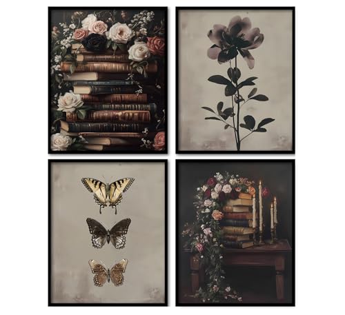 KDHTY Vintage Library Cottagecore Bookish Wall Decor Dark Academia Wall Art,Moody Wall Art Bathroom Decor,Vintage Book Themed Posters for Room Bedroom Living Room Bathroom 8x10In Unframed Set of 4