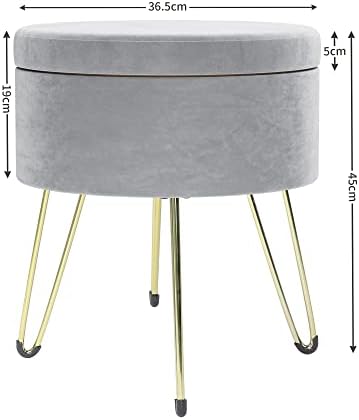 YITAHOME Footstool Ottoman, Dressing Table Stool, Round Velvet Storage Footrest with 4 Metal Legs & Removable Cover, Foot Stool For Vanity Bedroom, Living Room, Office, Grey Ottomans