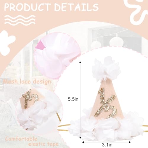White Flower 1/2 Birthday Hat - Baby Girl Half Birthday Decorations,6 Months Baby Birthday Flower Cone Hat,Gold Glitter 1/2 Birthday Photo Props,White Gauze Floral Half Way To One Party Hat2
