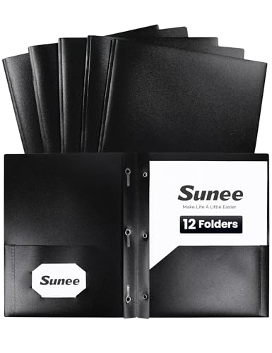 SUNEE 12-Pack Black Plastic Folders with Pockets and Prongs, Letter Size, 9 x 11.5 in