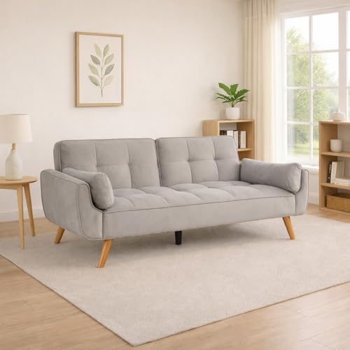 SQUAREBOXX Ashby 3 Seater Sofa Bed – Convertible Sleeper Sofa, Modern Velvet Sofa Bed, Easy click clack Guest Bed, Compact Sofa for Living Room or Small Spaces (Light Grey)