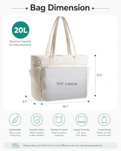 Image of Tressential Puffer Tote Bag for Women, Lightweight, 20L Capacity with 15.6 inch Laptop Compartment, Side Pockets, Office, College and Travel