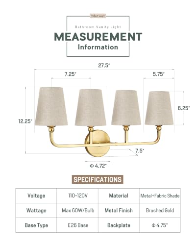 Image of 4-Light Brushed Gold Bathroom Vanity Light, Brown Linen Fabric Shade | 28 Inch gold bathroom light fixture over mirror, UL listed, E26 bulbs, hardwired, upward only, VL837-BG-L-4
