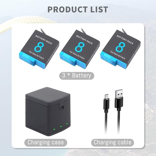 1500mAh 3-Pack Battery Compatible for Hero 8/7/6/5 Black Official with 3-Channel LED USB and Type-C Fast Storage Charger Box, Compatible with Hero 8, AHDBT-801 601-27537-000, 601-10197-000