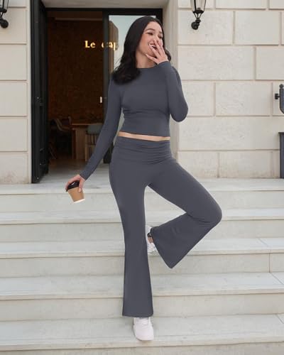 Image of ZOOSIXX Lounge Sets for Women - 2 Piece Outfits Crop Tops with Fold Over Flare Leggings Fall Loungewear Fitted Pajama