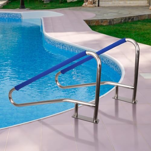 55\"L x 32\"H Swimming Pool Handrails for Inground Pools, Stainless Steel Load Capacity 385 Lbs Pool Handrail with Blue Handle Covers and Quick Install Fittings