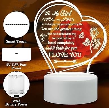 Image of Valentine's Gift for Girlfriend, Wife - Special Acrylic Night Light Bedside Lamp for Birthday, Anniversary - Presents for Fiance