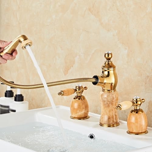 Robinet 3 trous lavabo laiton doré mitigeur salle de bain douchette extractible