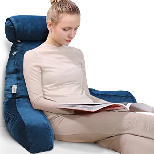 mittaGonG Shredded Foam Reading Pillow with Detachable Neck Roll & Big Bed Backrest Pillow for Bed with Arms and Side Pocket - Perfect for Back Support While Relaxing, Gaming, Reading, or Watching TV