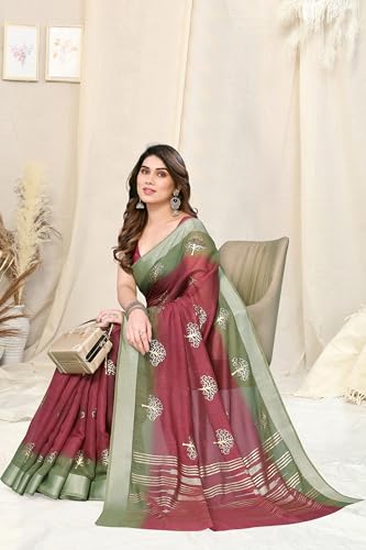 Image of MIRCHI FASHION Women Saree Cotton Blend 2-Tone Foil Print | Lightweight Comfortable Office Wear Sari with Blouse Piece