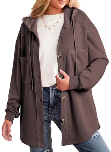 Image of SHEWIN Womens Shacket Casual Fall Jackets Hooded Loose Long Sleeve Tops Button Down Coat