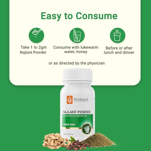 Image of Krishna's Najlant Powder - Herbal Respiratory Support for Lungs, Cough & Congestion Relief, No Artificial Colors or Flavors - 50 g (Pack of 1)