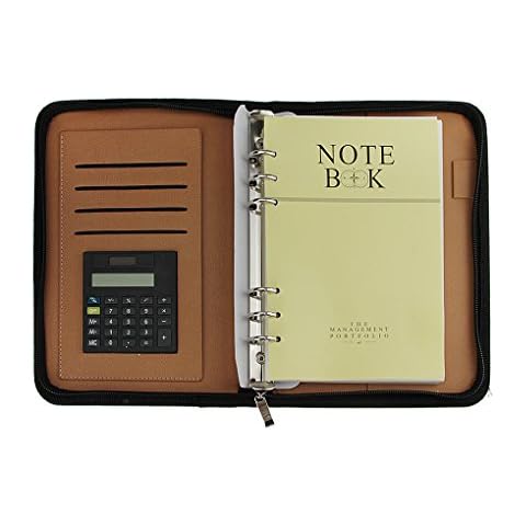 Bao Core PU Leather A5 Size Business Zippered Travel Portfolios Executive Loose-leaf Notebook with Calculator Card Slots Padfolio Ring Binders Cover