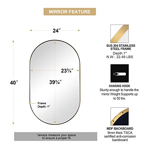Andy Star Brass Oval Mirror, 24X40 Inch Bathroom Mirror Gold, Brass Vanity Mirror, Pill Shaped Mirrors Gold Metal Frame Stainless Steel 1’’ Deep Hang Vertically & Horizontally Ideal For Narrow Space #TOP4