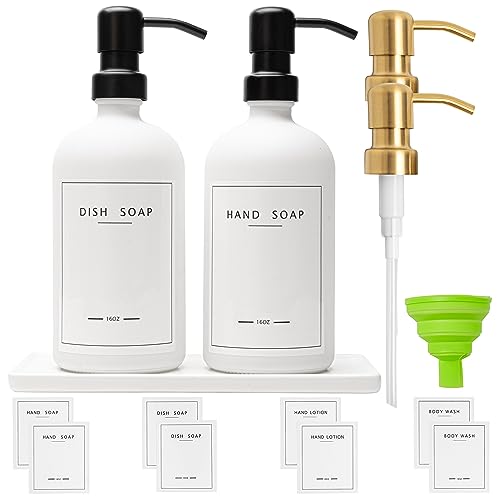 Glass Soap Dispenser for Kitchen Sink with Included Ceramic Tray - Soap Dispenser for Bathroom - Dish Soap Dispenser - Foaming Hand Soap Dispenser + Glass Soap Dispenser with Pump - Set of 2 - White