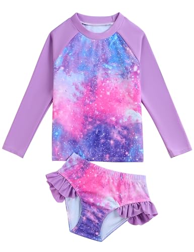 Little Girls Swimsuit Rash Guard Set Toddler Girl Long Sleeve Two Piece Bathing Suit with Ruffle Bikini Bottoms Swimwear