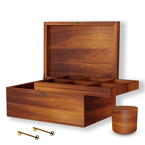 LUSH & STYLE Acacia Wood Box, Keepsake With Hinged lid and locking key, Decorative, Memory treasure, Wooden Storage Box, Wooden Gift Box (Divider Model) 11Lx 9Wx 5H inches