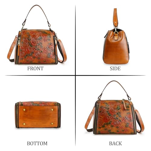 Image of Women Genuine Leather Handbags, Organizer Retro Vegetable Tanning Leather Satchel Vintage Embossing Shoulder Bag Brown