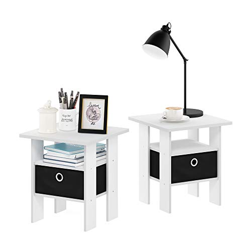 Image of Furinno Andrey Set of 2 End Side Night Stand /Bedside Table with Bin Drawer, 2-Pack, White /Black | Open Shelf and Storage Bin, Modern Night Stand, Bedside Table, for Living Room, Bedroom