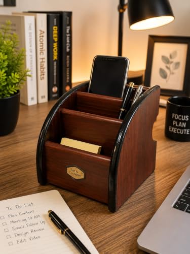 Image of Wooden Desk Organiser with Multiple Compartments