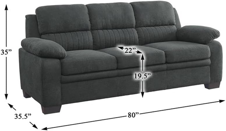 Pemberly Row Textured Fabric 2-Piece Sofa Set, Dark Gray Finish, Solid Wood Frame, Channel Tufting, Pillow-Top Arms, Faux Wood Legs, Modern Living Room Furniture for Everyday Comfort