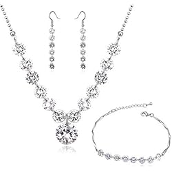 Gargantillas De Oro Blanco Y Brillantes Crystalline Azuria Mujer 18ct Chapado en Oro Blanco Boda Juego de joyas Blanco Cristales de Zirconia Collar de hilo Pendientes Pulsera para Mujer y Niña