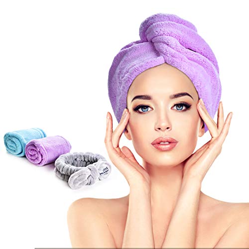 NADOBA 3 Pack(2+1) Microfiber Hair Towel Wrap, Shower Cap, Hair Drying Caps, Super Absorbent Quick Dry Hair Turban for Drying Curly, Long & Thick Hair to Protect Hair (Blue+Purple)