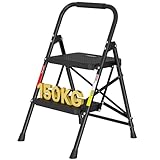 BONTEC 2 Step Ladder, Folding Steel Step Stool with Wide Anti-Slip Pedals and Sponge Handlebar, Lightweight Foldable Step Stool with Handle, Capacity 150kg, Portable Folding Ladder for Home and Office