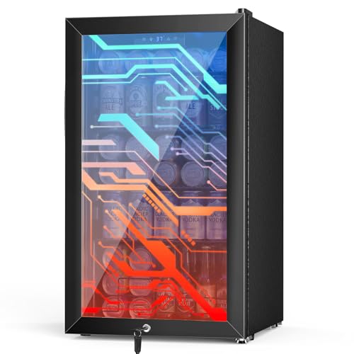 Image of 17 inch Beverage Refrigerator with LED Light Up Door - 128 Can Freestanding Mini Gaming Drink Fridge, Small Beer Cooler with 4 Removable Shelves, Child Safety Lock for Home Bar Party