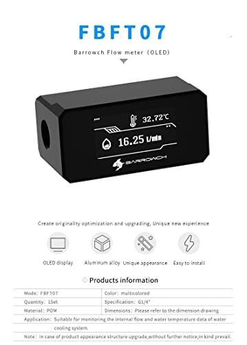 Barrowch G1/4" Water Temperature Sensor & Flow Meter With Oled Display Fbft07 For Pc Water Cooling System (Black) #TOP2